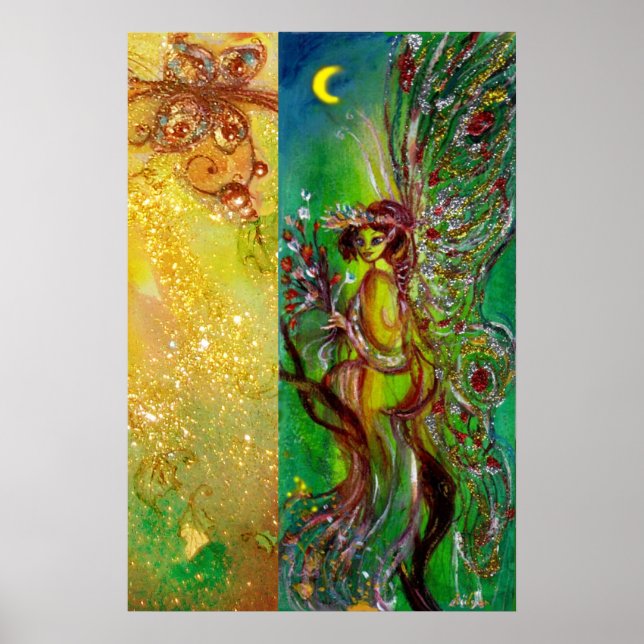 GREEN FAIRY WITH GOLD FLORAL SPARKLES IN MOONLIGHT POSTER (Front)