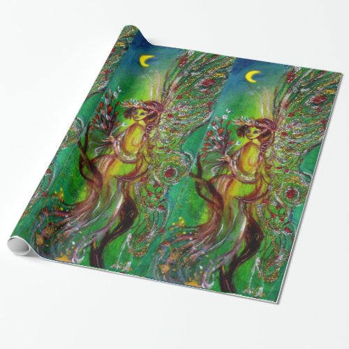 GREEN FAIRY WITH GOLD SILVER SPARKLES IN MOONLIGHT WRAPPING PAPER