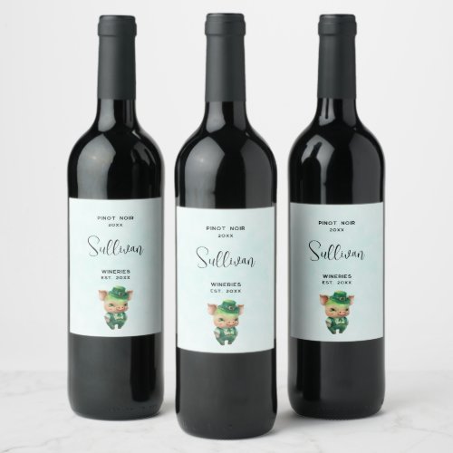 Green Fairytale Pig in Fancy Attire Wine Making Wine Label