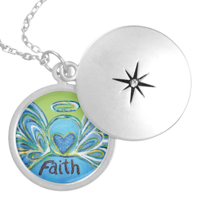 Green Faith Guardian Angel Words Sterling Lockets (Front)