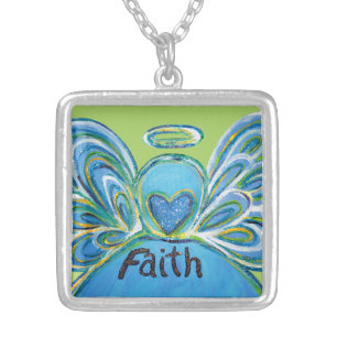 Green Faith Guardian Angel Words Sterling Necklace