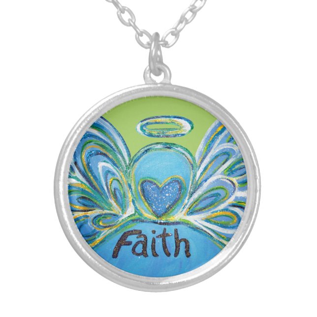 Green Faith Guardian Angel Words Sterling Necklace (Front)