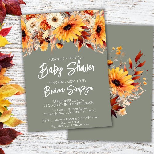 Green Fall Floral Baby Shower Invitation