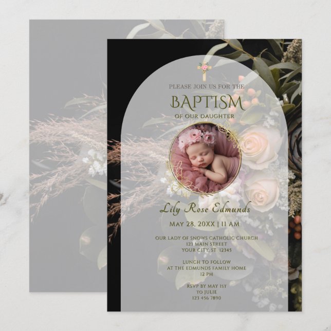 Green Fall Floral Baptism  Invitation (Front/Back)