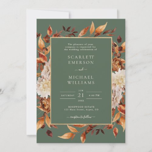 Green Fall Floral Wedding Invitation