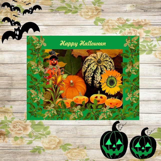 Green Fall Foliage Scarecrow Pumpkin Halloween sp  (Green Fall Foliage Pumpkin Halloween Card)