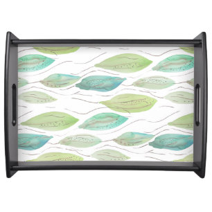 Green Fall Leaves Watercolor Pattern Serving Tray