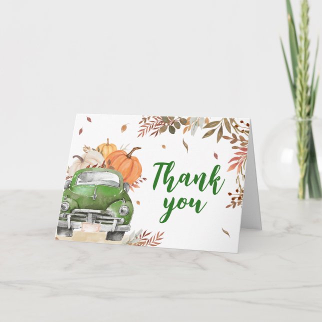 Green Fall Pumpkin Truck Baby Shower Thank You Card (Front)