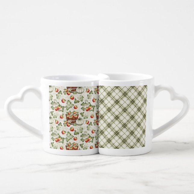 GREEN FALL PUMPKINS & RED APPLES WITH FLOWERS COFFEE MUG SET (Front Nesting)