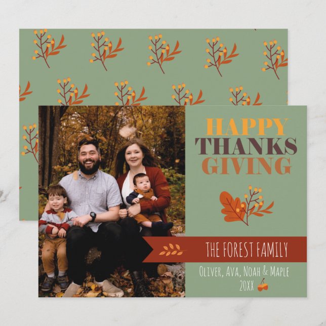 Green Fall Thanksgiving Photo Custom Holiday Card (Front/Back)