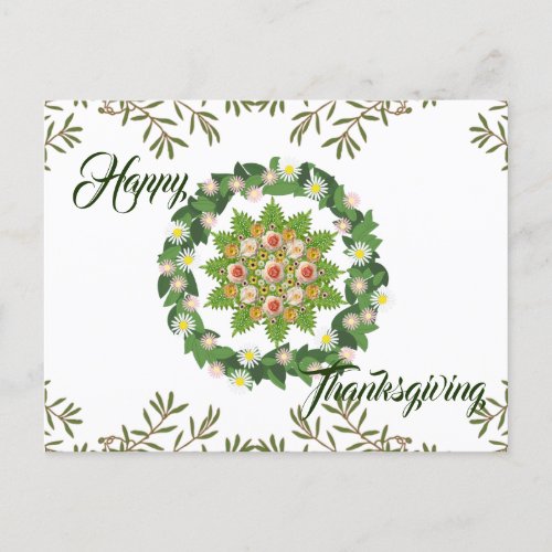 Green Fall Wreath Flora Leaves Happy Thanksgiving  Holiday Postcard