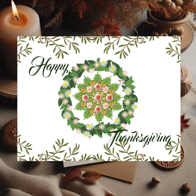Green Fall Wreath Flora Leaves Happy Thanksgiving Holiday Postcard | Zazzle