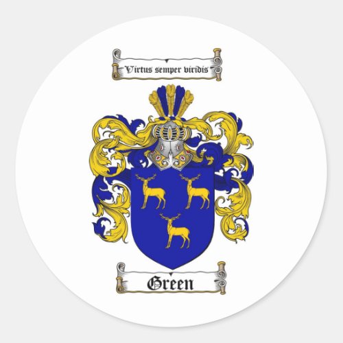 GREEN FAMILY CREST _  GREEN COAT OF ARMS CLASSIC ROUND STICKER