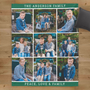 Green Family Photo Collage Peace Love Fleece Blanket