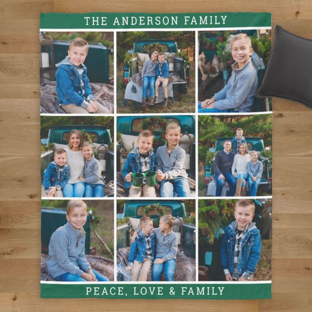 Green Family Photo Collage Peace Love Fleece Blanket (Creator Uploaded)
