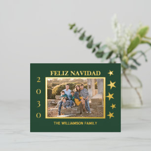 Green Family Photo Feliz Navidad Gold Foil Holiday Postcard