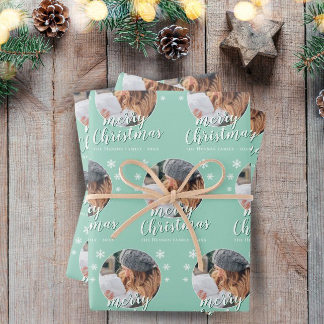 Green Family Photo Snowflake Merry Christmas  Wrapping Paper Sheets (Creator Uploaded)