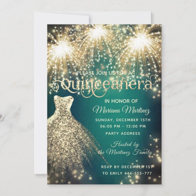 Green fancy firework gold sparkle dress invitation (Front)