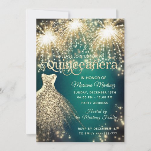 Green fancy firework gold sparkle dress invitation