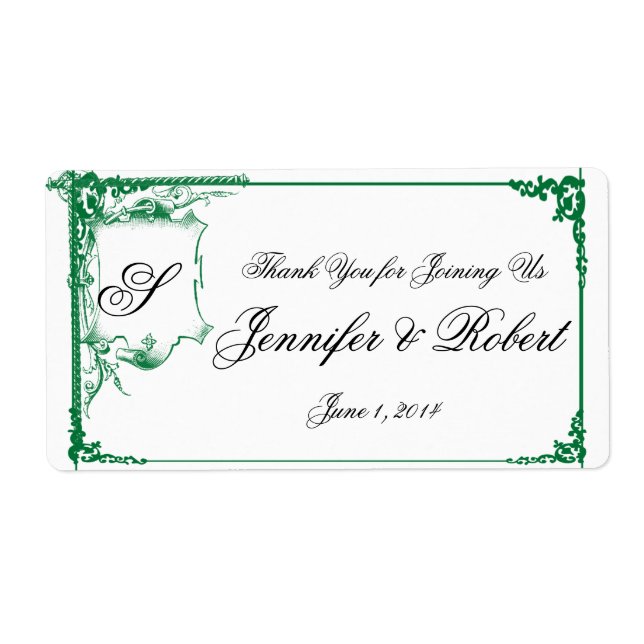 Green Fancy Monogram Wedding Water Bottle Label (Front)