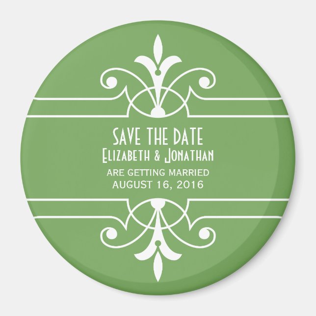 Green Fancy Ornamental Save the Date Magnet (Front)
