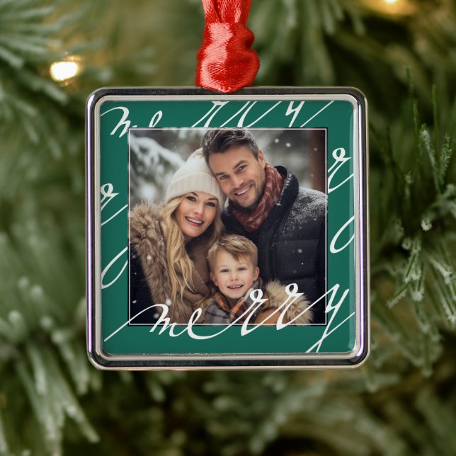 Green Fancy Script "Merry" Christmas Photo Metal Ornament (Tree)