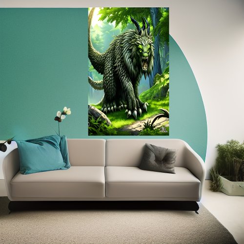 Green fantasy beast in the forest  AI Art Poster