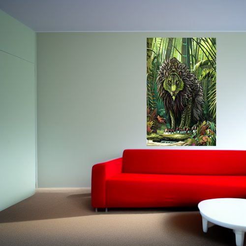 Green fantasy lion beast in the forest  AI Art Poster