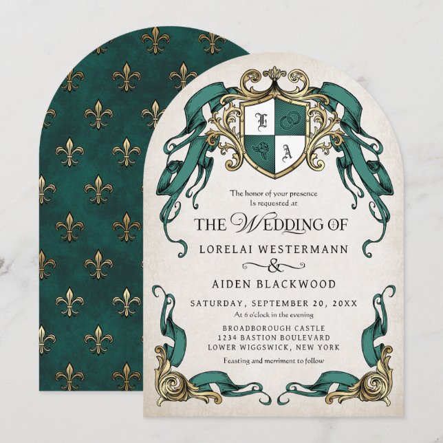 Green Fantasy Medieval Castle Arch Wedding Invitation (Front/Back)