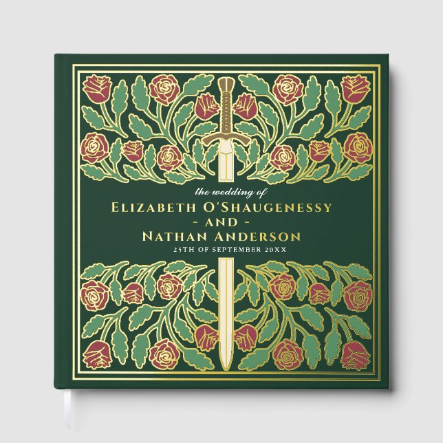 Green Fantasy Royal Medieval Sword Wedding Foil Guest Book (Front)