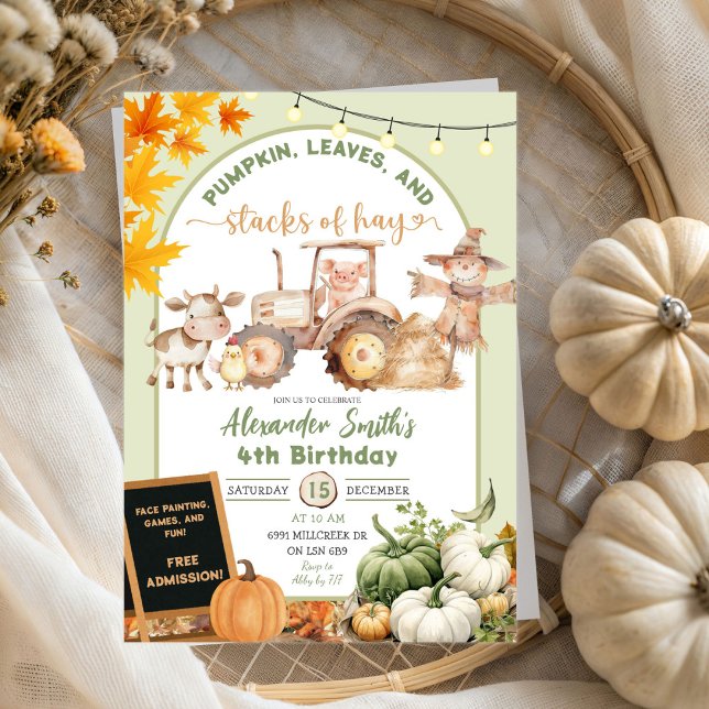Green Farm Animals Pumpkin Stacks of Hay Birthday Invitation (Creator Uploaded)