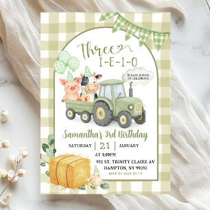 Green Farm Animals Three-i-e-i-o 3rd Birthday Invitation