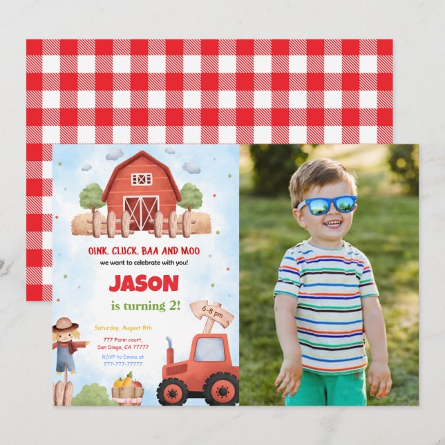 Green Farm Birthday Party Photo Invitation (Front/Back)