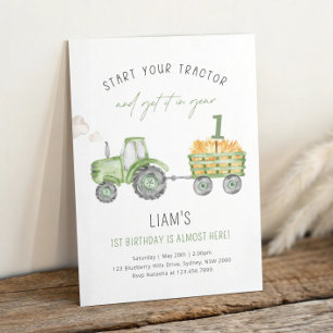 Green Farm Tractor 1st Birthday Party Invitation