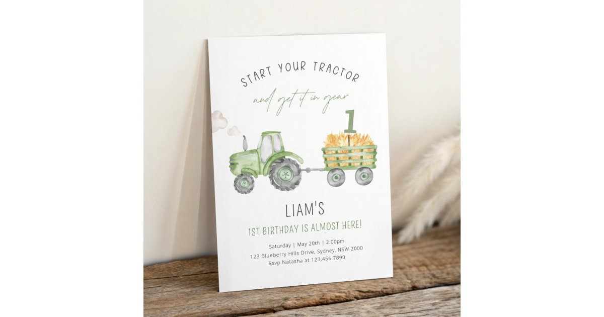 Green Farm Tractor 1st Birthday Party Invitation | Zazzle