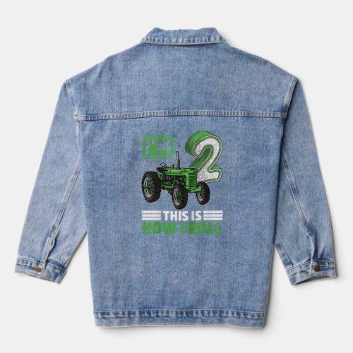 Green Farm Tractor 2nd Birthday Gift 2 Year Old Fa Denim Jacket