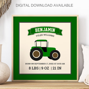 Green Farm Tractor Baby Birth Stats Poster