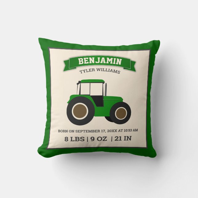 Green Farm Tractor Baby Birth Stats Throw Pillow (Front)