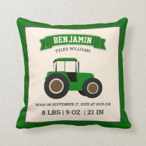 Green Farm Tractor Baby Birth Stats Throw Pillow