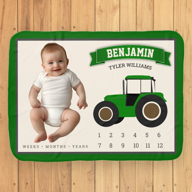 Green Farm Tractor Baby Boy Monthly Milestone Baby Blanket (Creator Uploaded)