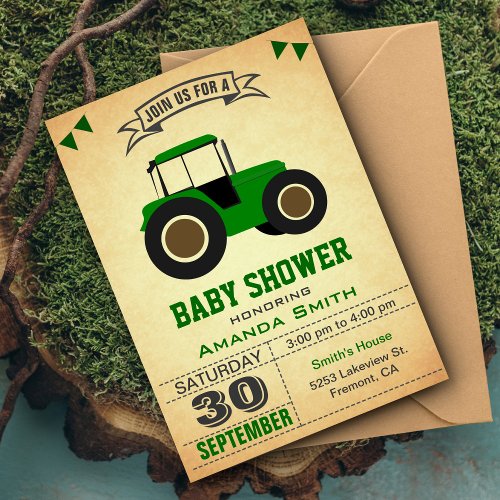 Green Farm Tractor Baby Shower Invitation