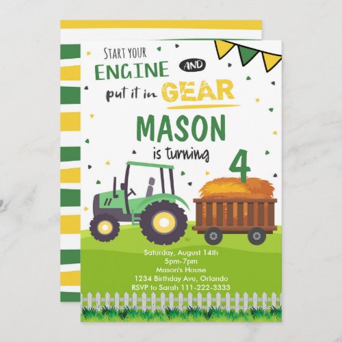 Green Farm Tractor Birthday Invitation