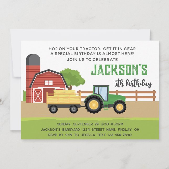 Green Farm Tractor Birthday Party, Any Age Invitation (Front)