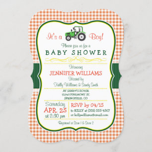 Green Farm Tractor Boy Baby Shower Invitation
