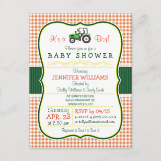 Green Farm Tractor Boy Baby Shower Invitation