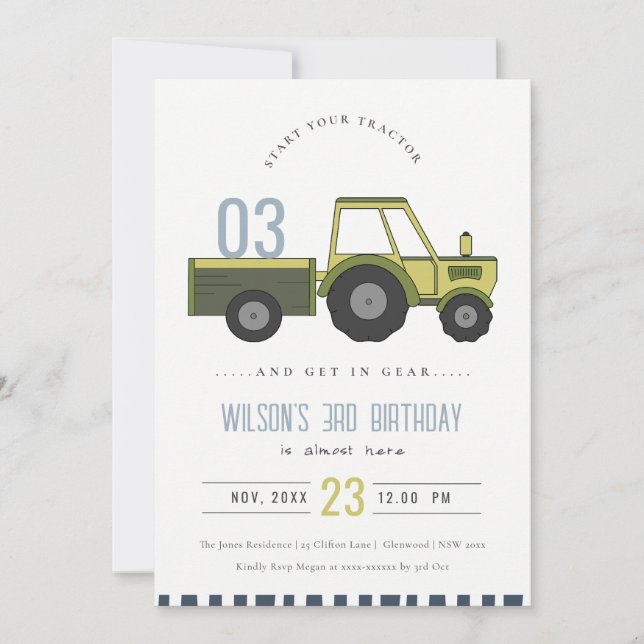 Green Farm Tractor Kids Any Age Birthday Invite (Front)