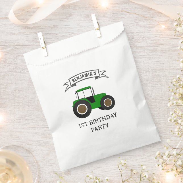 Green Farm Tractor Kids Birthday Party Favor Bag (Clipped)