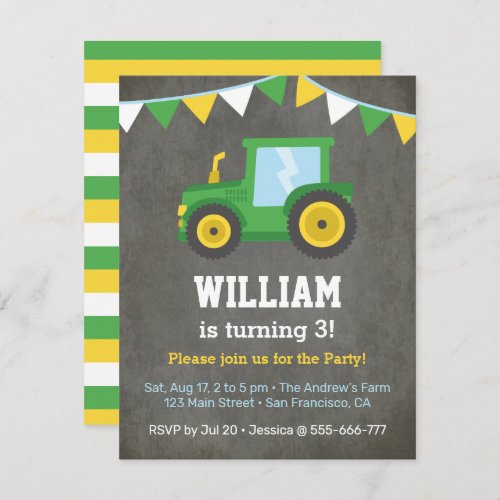 Green Farm Tractor Kids Birthday Party Invitation