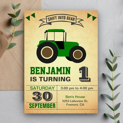 Green Farm Tractor Kids Birthday Party Invitation