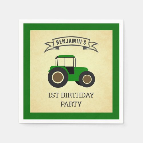 Green Farm Tractor Kids Birthday Party Napkins